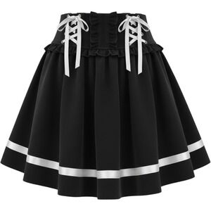 Black Lolita Mini Skirt Lace Up Corset Ruffle White Lace Trim Bows Smocked Waist